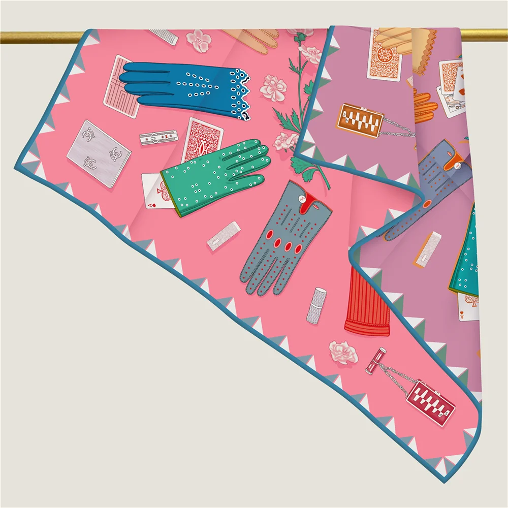 POBING Handgerollter Twill-Seidenschal für Damen, magische Handschuhe, doppelt bedruckte quadratische Schals, Wraps, Echarpes, Foulards, Femme, Hijab, 90 cm – Detail 4