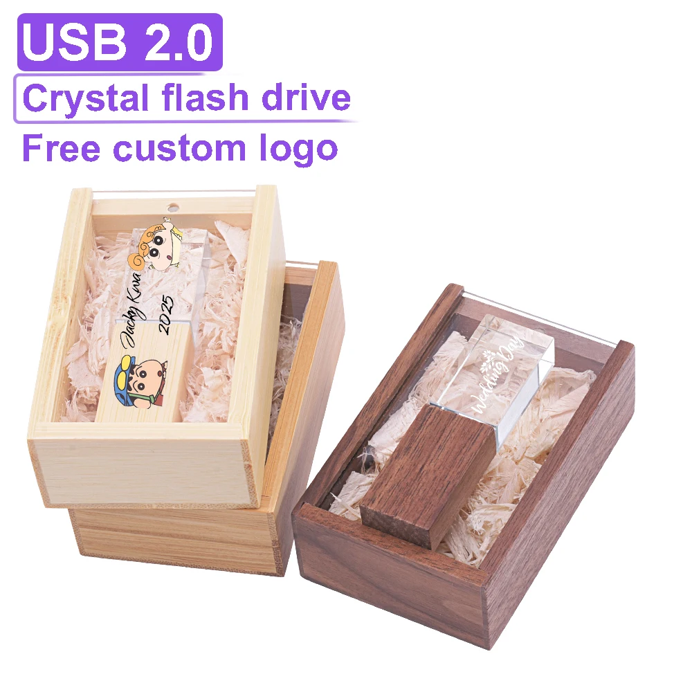 Creative Crystal USB Flash Drive 128GB Free Custom Logo Memory Stick 64GB Photography Wedding Wooden Gift Box Pen Drive 32GB