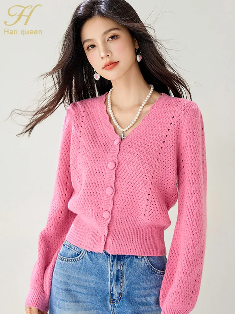 

H Han Queen New Loose Vintage Korean Hollow Out V-Neck Sweaters Cardigans For Women Long Sleeve Work Casual Tops Autumn Winter