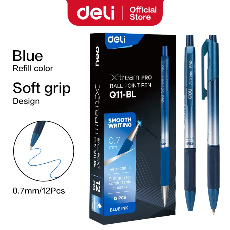 Deli-Smooth Writing Ballpoint Pen, Caneta Gel, Recarga de Tinta, Preto, Azul, Fine Point, Material Escolar, Papelaria, 0.5mm, 0.7mm, 12Pcs