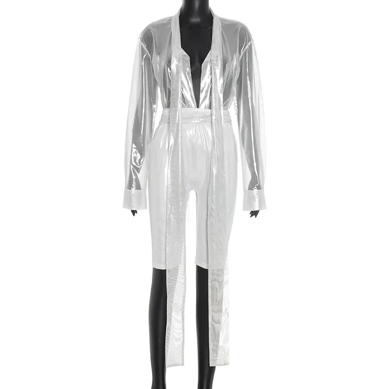 Women Sexy Silky Mesh 2 Piece Set Ribbons Deep V Neck Long Sleeve Shirts Tops + Skinny Knee Length Pants Night Clubwear Suits