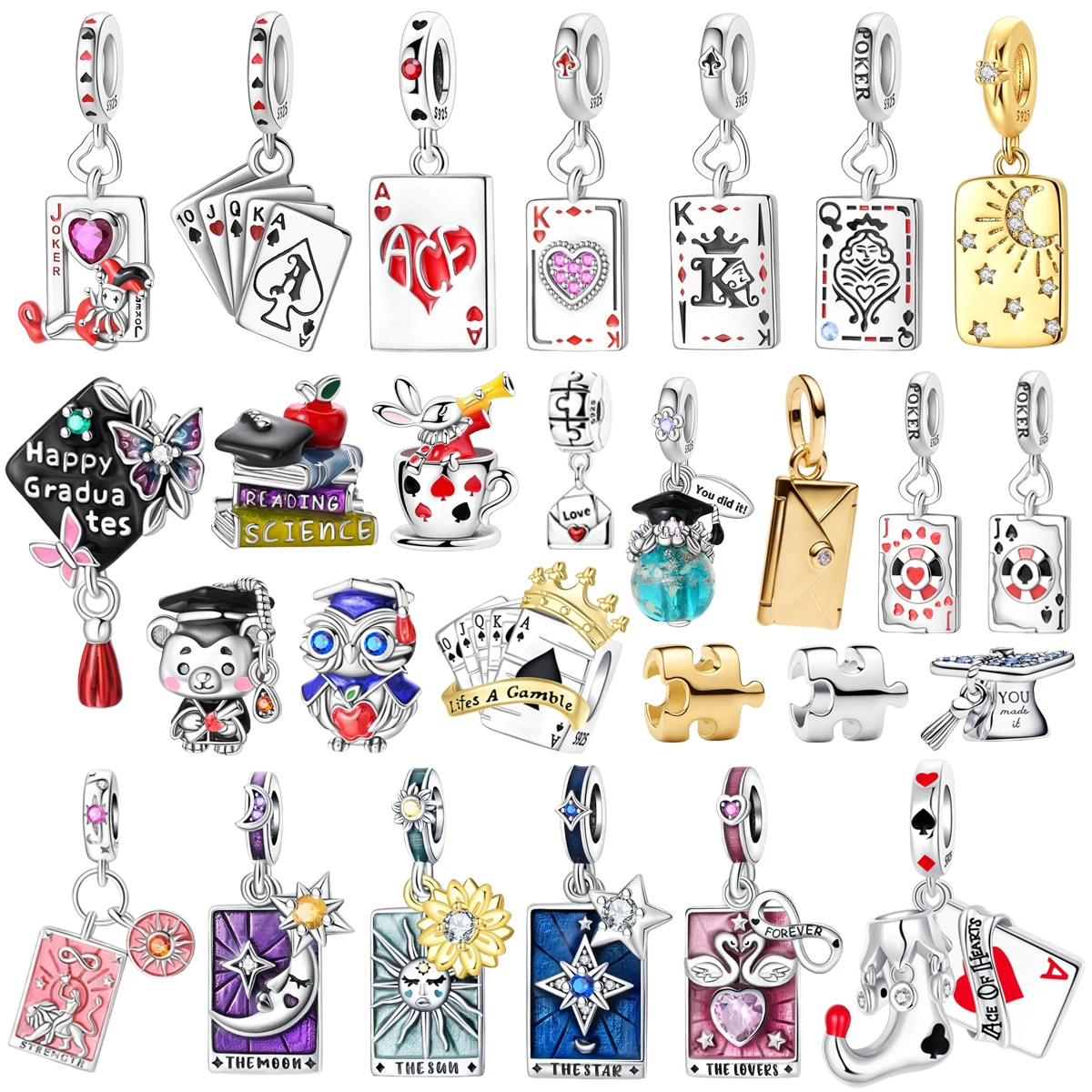 

New Original 925 Sterling Silver Poker Card Graduation Season Platform Pendant Bead fit Women DIY Bracelet Necklace Jewelry Gift