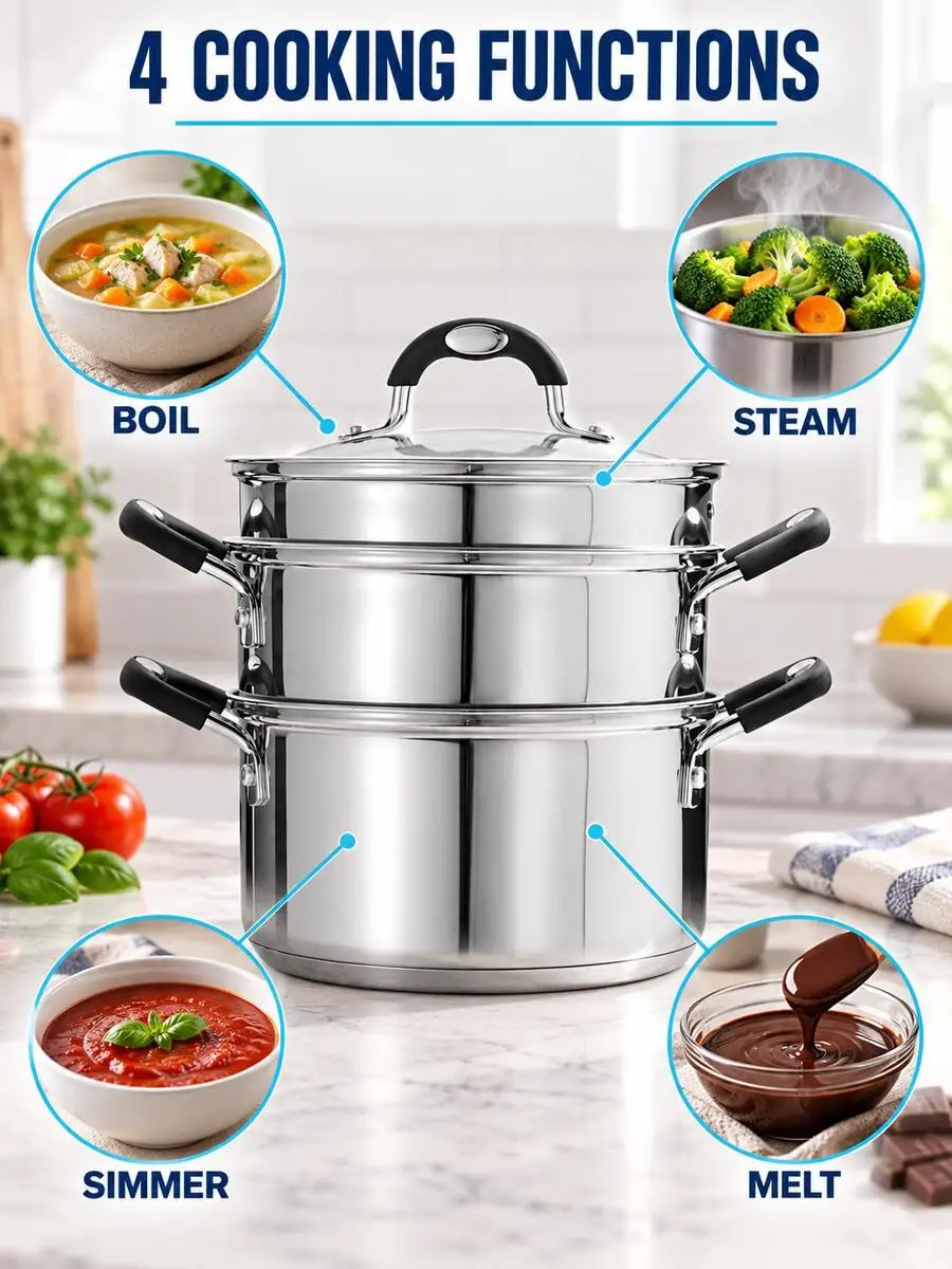 4-Piece 3-Quart Stainless Steel Steamer & Double Boiler Set With Stockpot, Steamer Insert, Melting Insert And Tempered Glass Lid