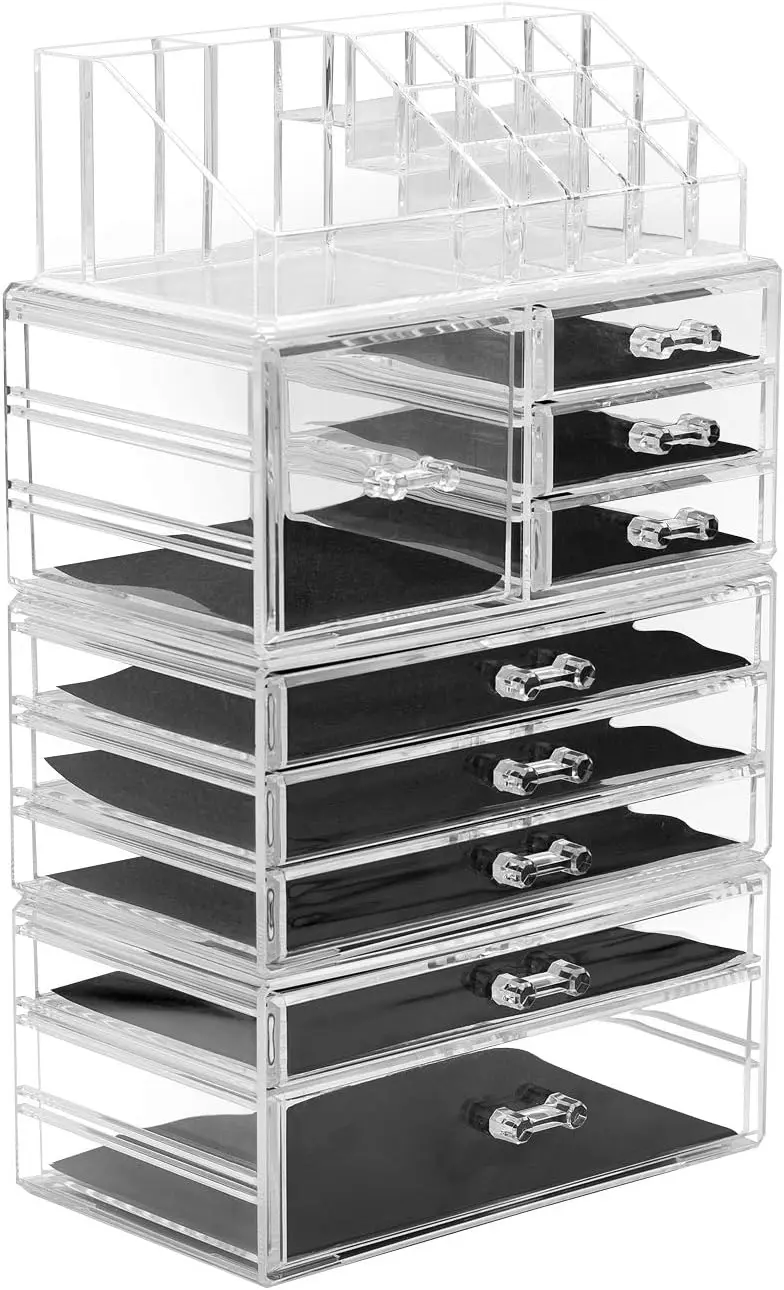 Large Clear Makeup Organizer - Detachable 4-Piece Jewelry & Make Up Organizers and Storage Set - Spacious Cosmetic Display Tower