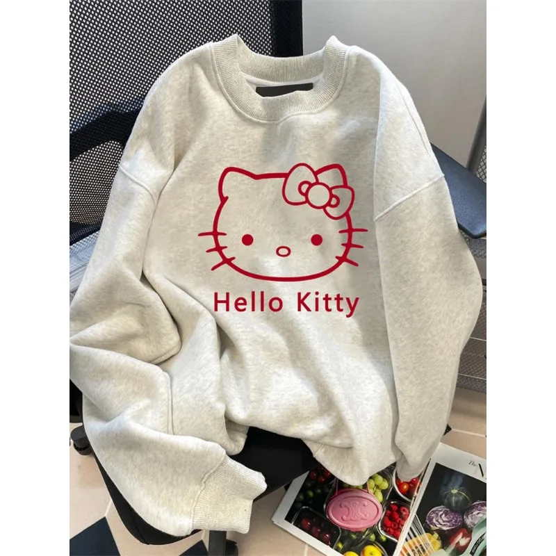 

Korean Autumn Winter Women's Hoodies Anime Cute Hello Kitty Clothing Print Hooded Sweatshirt Y2K Oversized 100％ Cotton Girl Coat