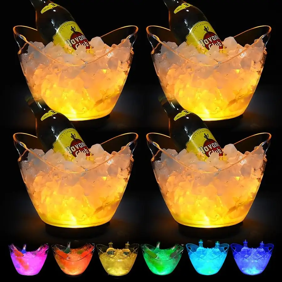 

4 Pcs LED Ice Buckets 2l Clear Plastic Beer Buckets with LED Light RGB Colors Changing Cooler Ice Container with Stand for Party