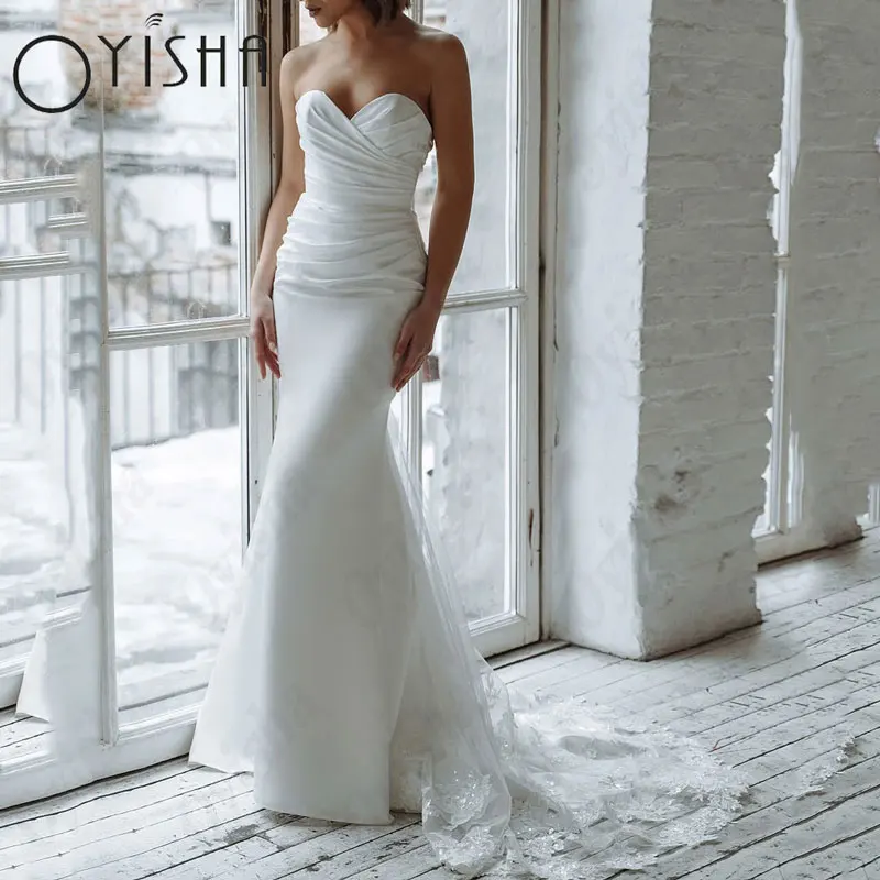 

OYISHA Satin Mermaid Wedding Dresses Appliques Sleeveless Sweetheart Lace Up Backless Exquisite Bridal Gowns Vestido De Mariages