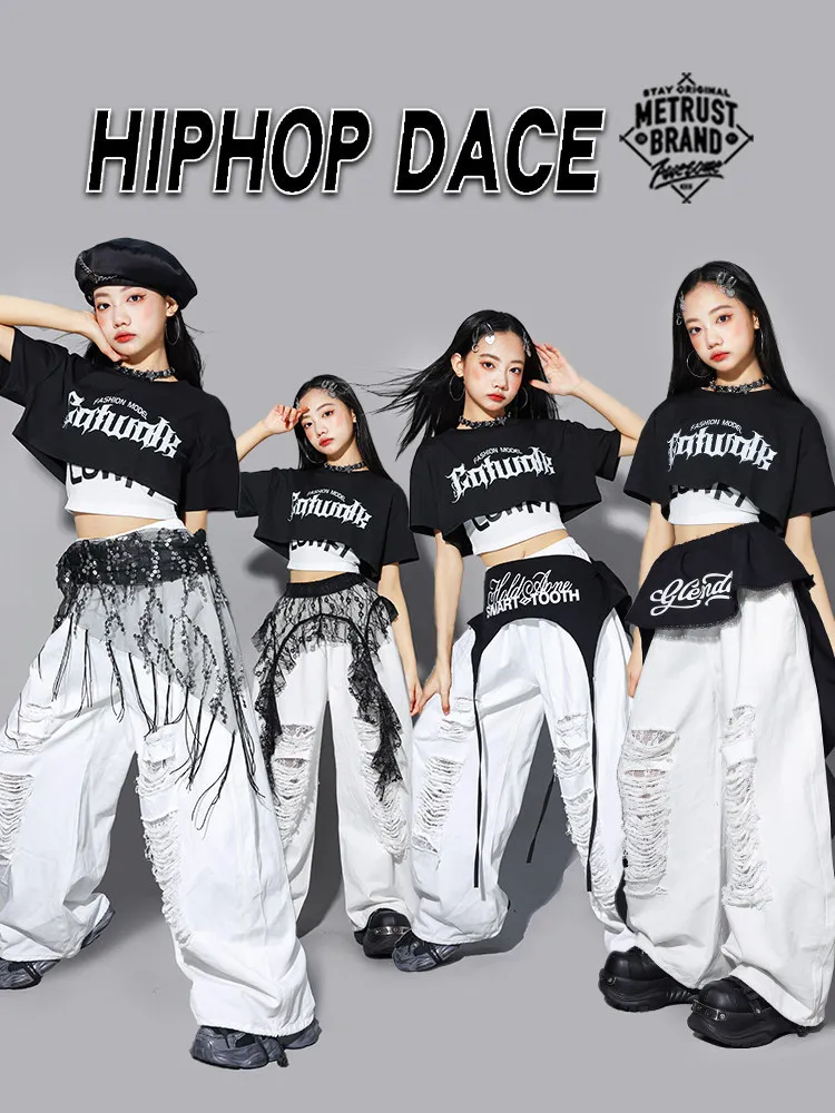 K‑pop Letter Crop Top&Cargo Pants 2‑PCS Set Teen Girls Hip Hop Jazz Street Dance Outfit Kids Girl Group Performancev