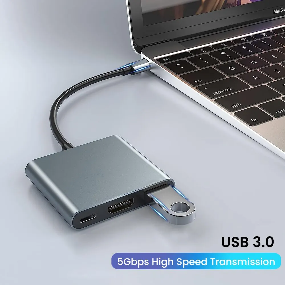 3-in-1 USB C Hub z zasilaniem 60W typu C 4K HDMI Square Przenośny adapter z wieloma portami do MacBook Air/Pro ChromeBook