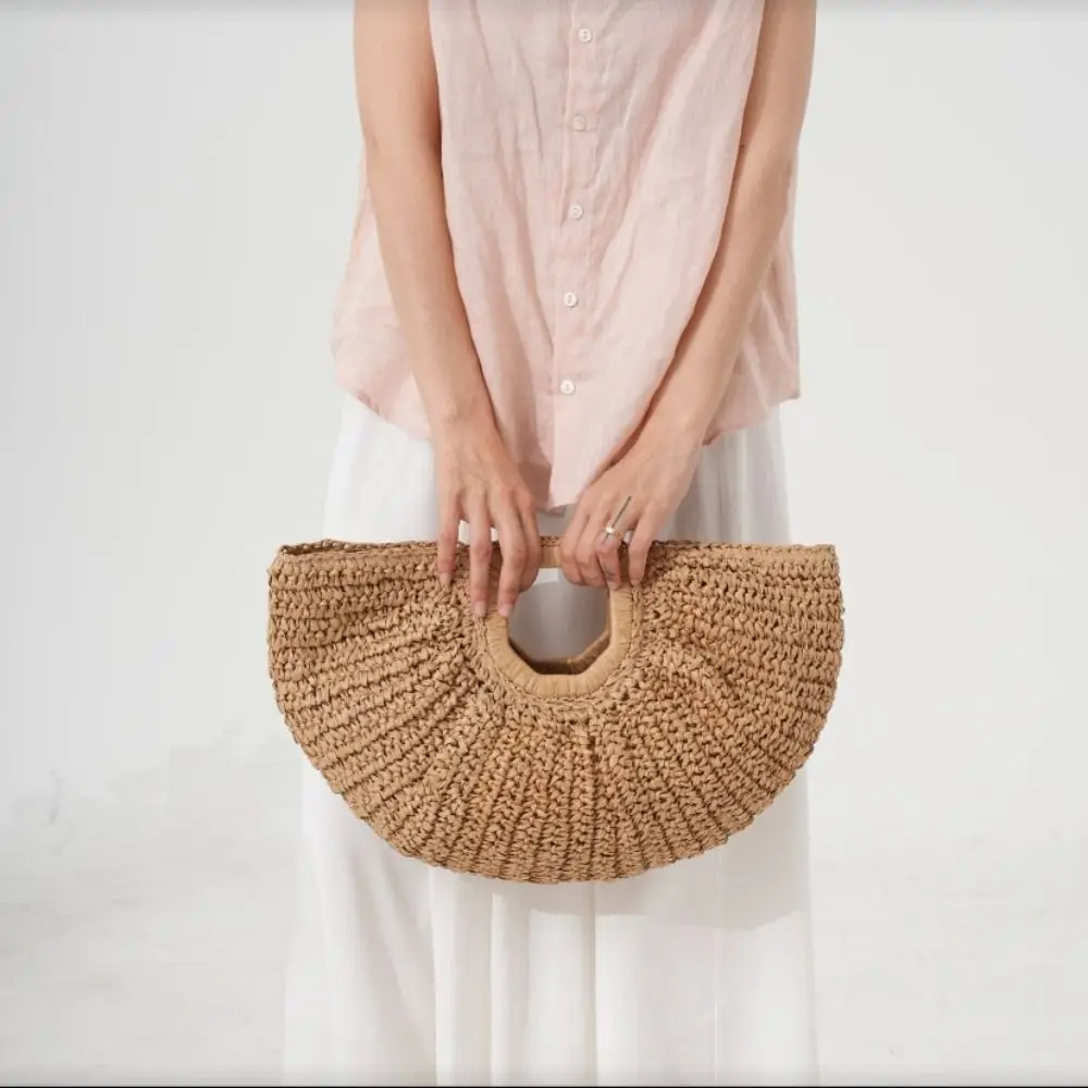 

Милая соломенная сумка большой вместимости из лафита, сумка-тоут ручной работы на запястье, модная летняя пляжная сумка в форме полумесяца, летняя