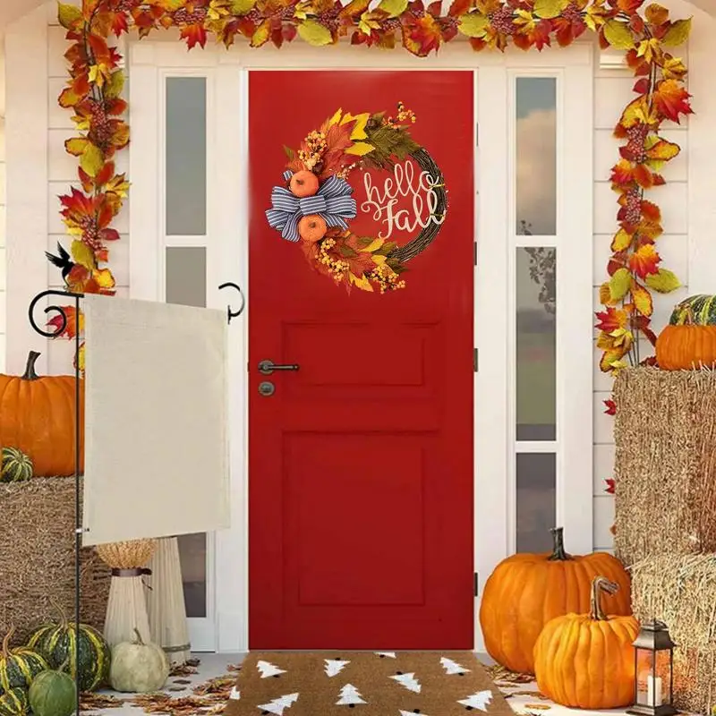 Halloween Door Wreath Outdoor Fall Wreath Fall Porch Decor Farmhouse Decoration Simulation Pumpkin Wreath Maple Leaves Berries