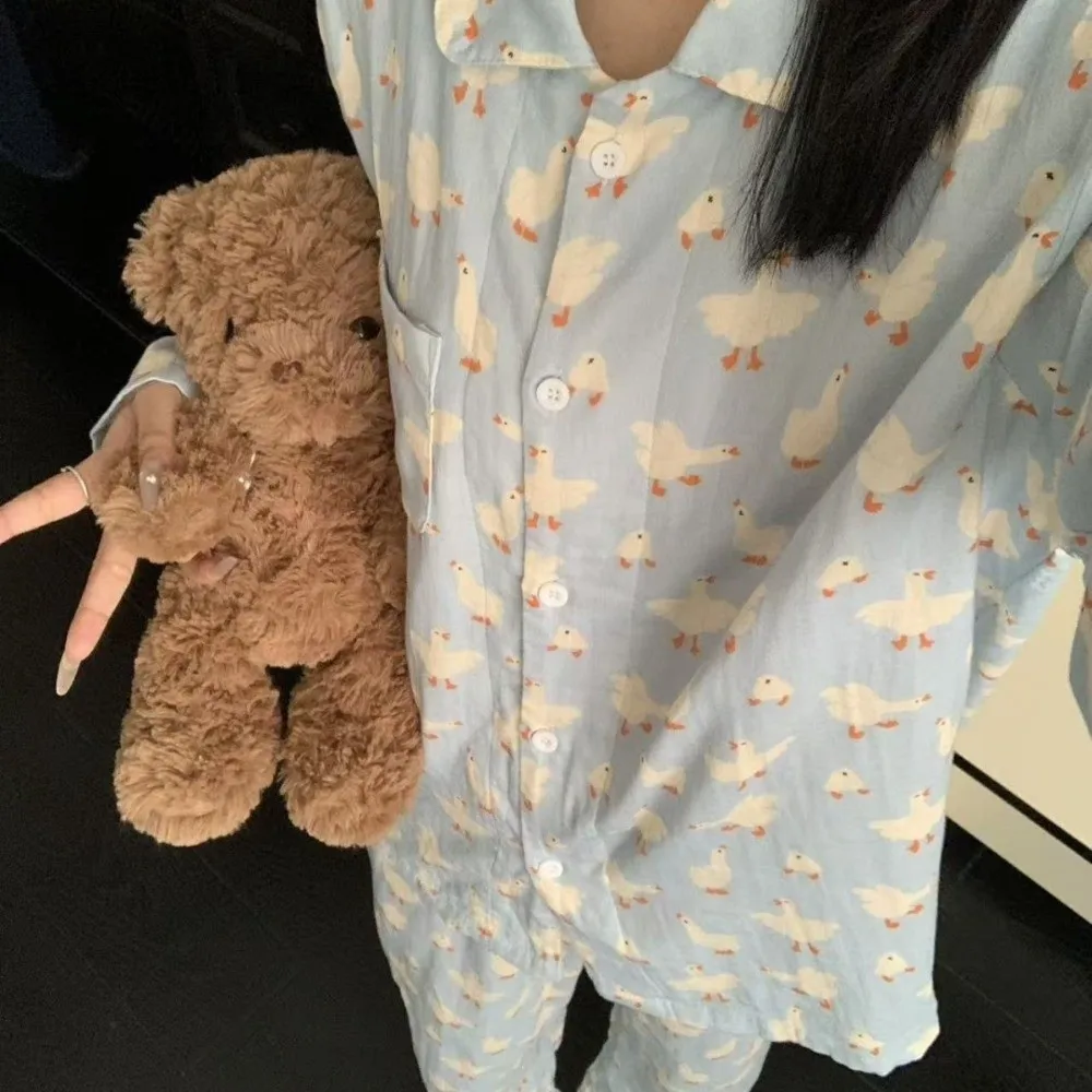 Langarm-Pyjama-Set für Damen mit Hund-, Hasen- und Blumenmuster, langes Schlafanzug-Set, Cartoon-Kirschen-Motiv, 2-teiliges Pyjama-Set für Studentinnen und Mädchen – Detail 6