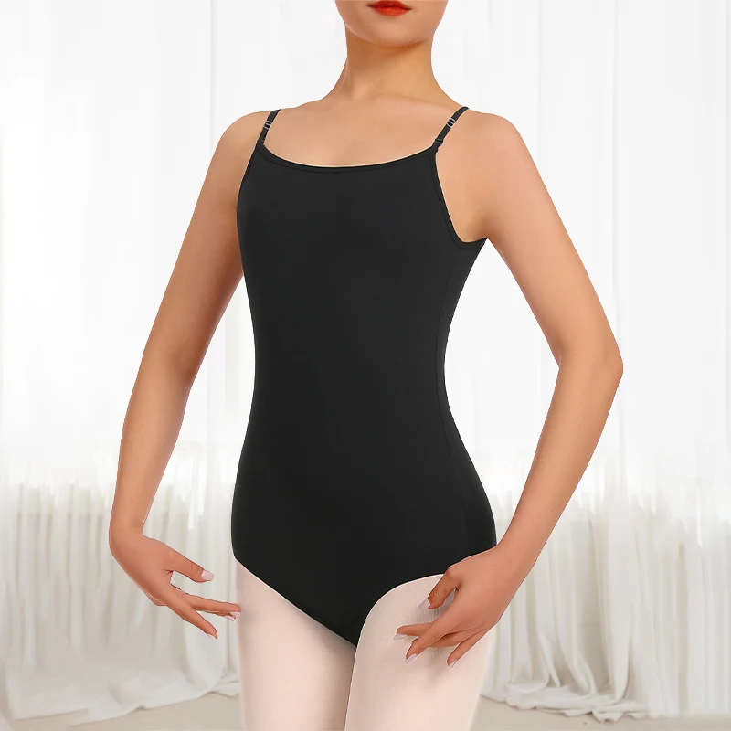 Damski top gimnastyczny do tańca baletowego, trykot z odpinanymi, regulowanymi, elastycznymi i przezroczystymi ramiączkami, pełna podszewka z przodu, odpowiedni do treningów zespołowych.