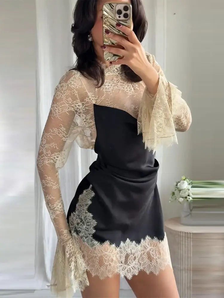Elegant Lace Trim Satin Dress Women High Neck Color Block Full Sleeve Y2K Mini Dresses 2026 Spring Lady New  Party Clubwear