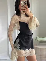 Elegant Lace Trim Satin Dress Women High Neck Color Block Full Sleeve Y2K Mini Dresses 2026 Spring Lady New Sexy Party Clubwear