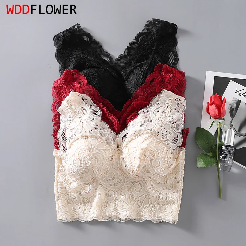 1PC 100% jedwabna podszewka pełna koronka głębokie V bezprzewodowy biustonosz Bralette wyjmowane wkładki Bandeau zakrętka tubki TG403