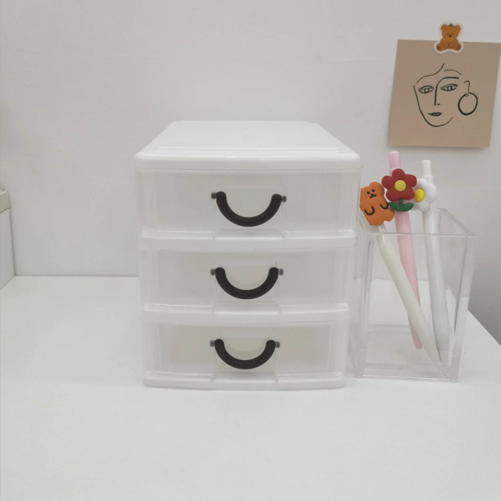 صندوق تخزين مكتبي مكون من 3 طبقات باللون البيج، منظم درج بلاستيكي شفاف، حامل مجوهرات، حاوية سطح المكتب، مكتب منزلي