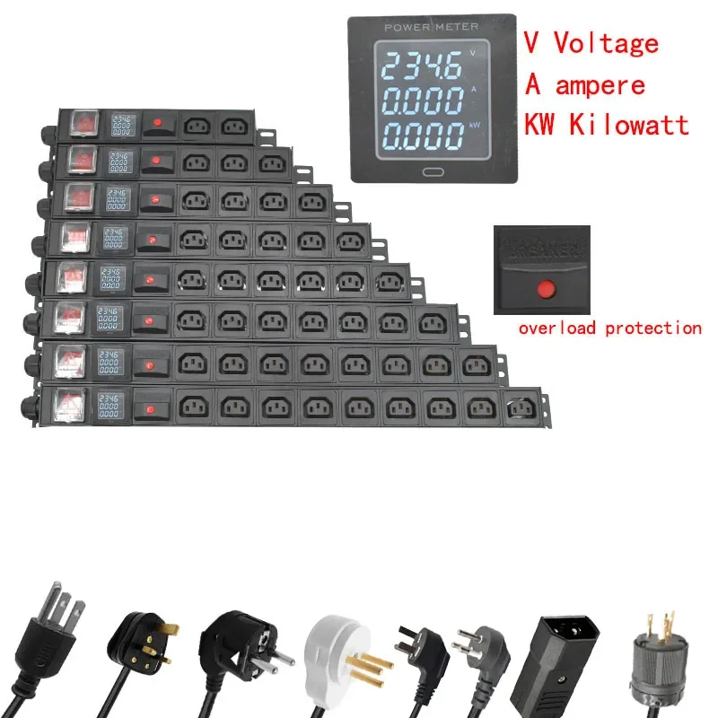 

Network Cabinet Rack Smart PDU 1U Power Strip Power Distribution Unit 2-9AC IEC overload protection eu au us uk plug C13 Socket