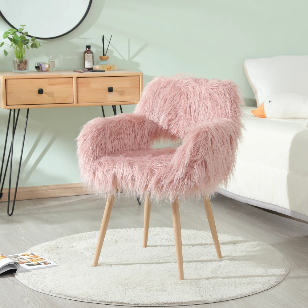 

PINK Faux Fur Upholstered Make Up Chair Side Dining Chair with Metal Leg(PINK Beech Metal Leg)