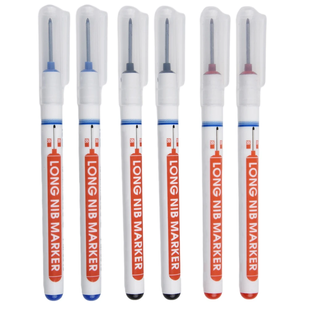 6pcs Multi-Purpose Long Head Markers Deep Hole Marker Pen Red/Black/Blue Ink For Bathroom Woodworking Decoration