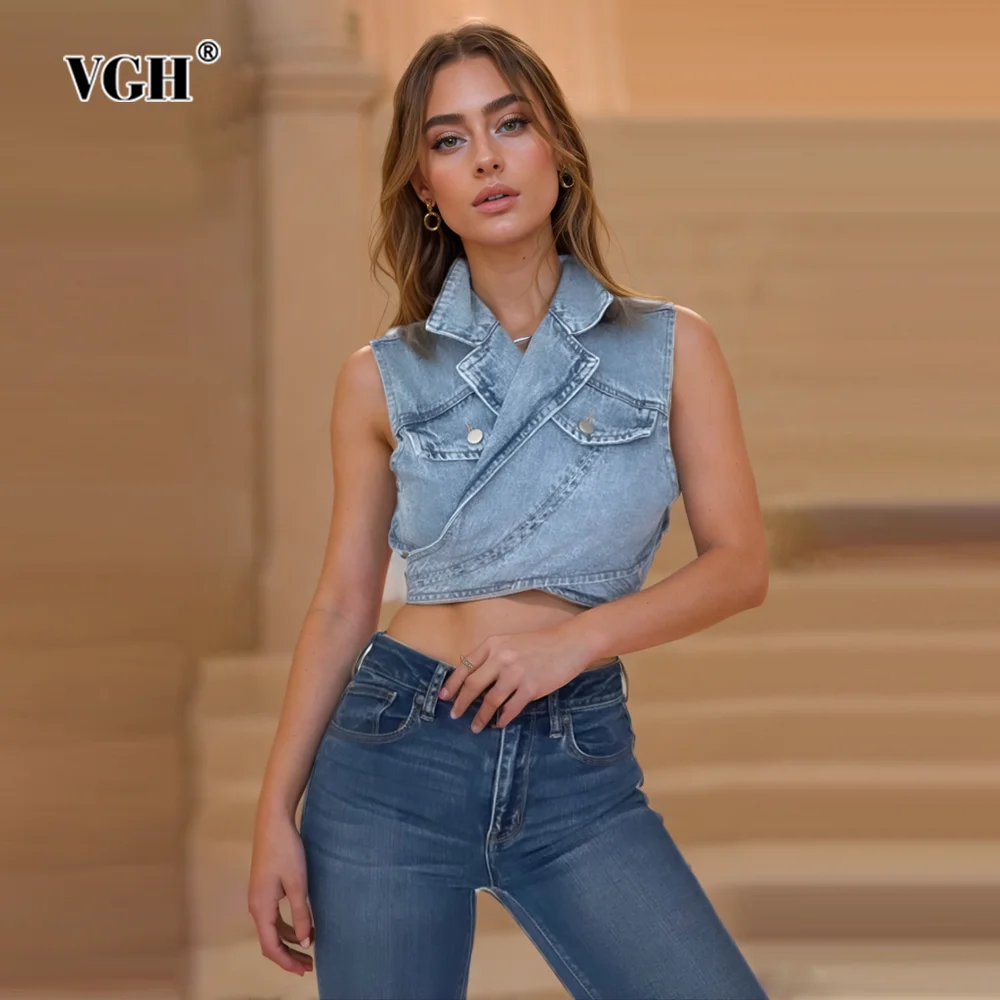 

VGH Solid Patchwork Button Denim Waistcoats For Women Lapel Sleeveless Minimalist Slimming Short Waistcoat Female Fashion New