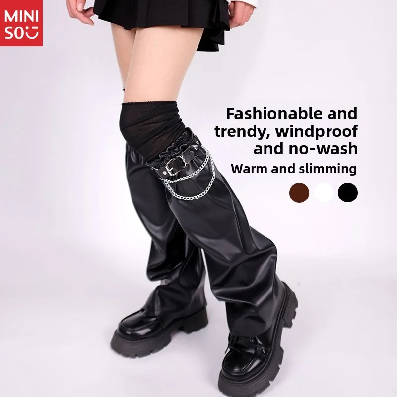 Miniso Y2K レザーレッグウォーマー、インスタグラムファッション用パンクブーツソックス