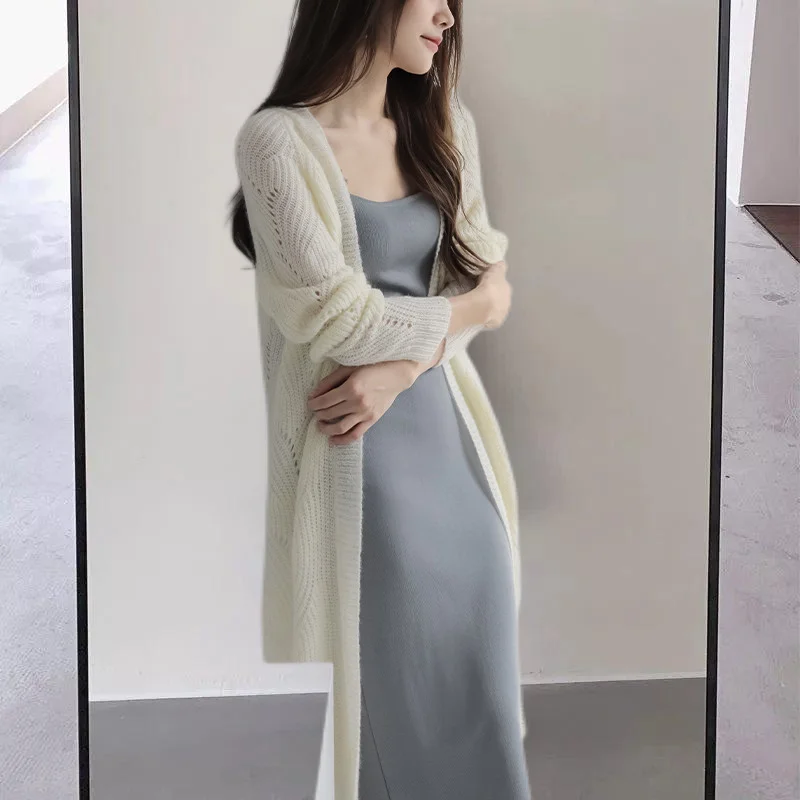 Elegant Hollowed Out Knitted Long Cardigan Women Korean Lightweight Tops Aesthetics Spring Shawl Coats Loose Casual Outerwear