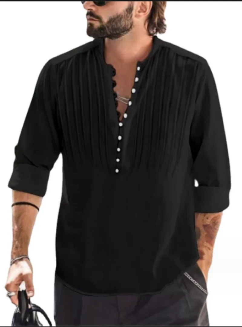 2024 New Men\'s Bandage Round Collar High Quality Shirt Men\'s Solid Color Cotton Folding Casual Slim Long-Sleeved Shirt