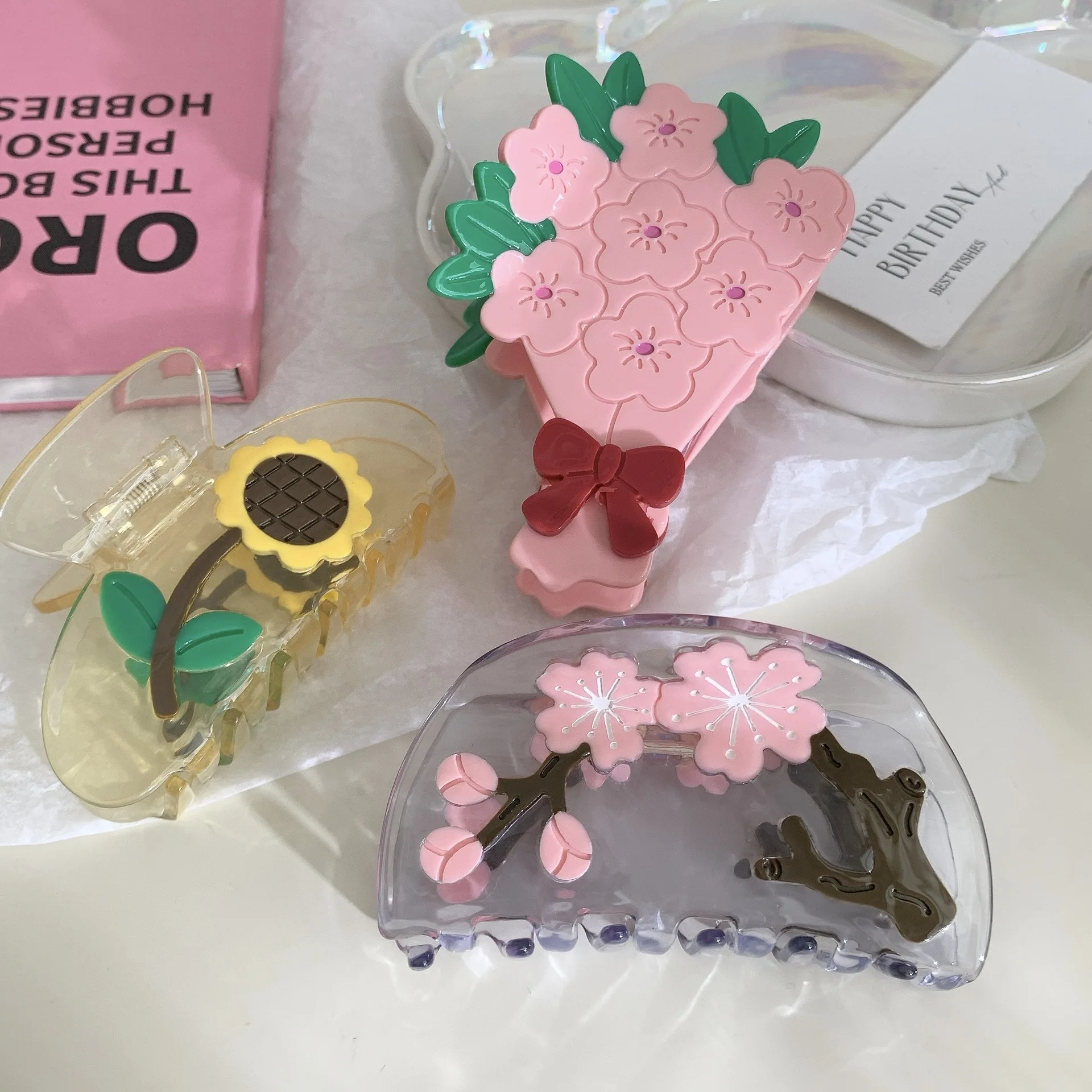 DuoShang New Flower Series Sakura Sunflower Acetate Hair Claw Sweet Claw Clip Crab Hair Clip for Women Girls Hair Accessories