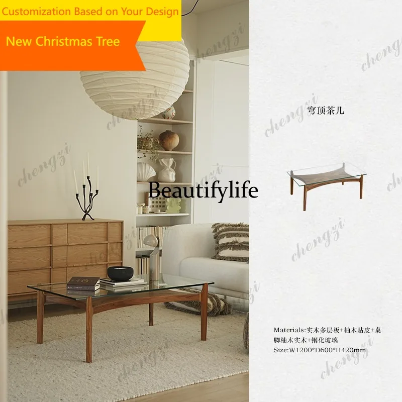 02A Glass coffee table solid wood medieval coffee table teak edge table living room minimalist square