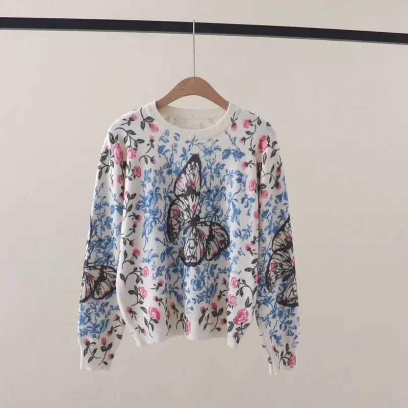 Butterfly Flowers Print Women's Sweater Pullover Long Sleeve Streetwear Contrast Color sweaters Trend Knitted Tops Women Clothes