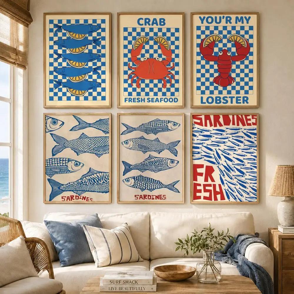 Funny Sardine Abstract Painting Calligraphy Canvas Poster Wall Art for Living Room Bedroom Home Decor Fashion Vintage Gift