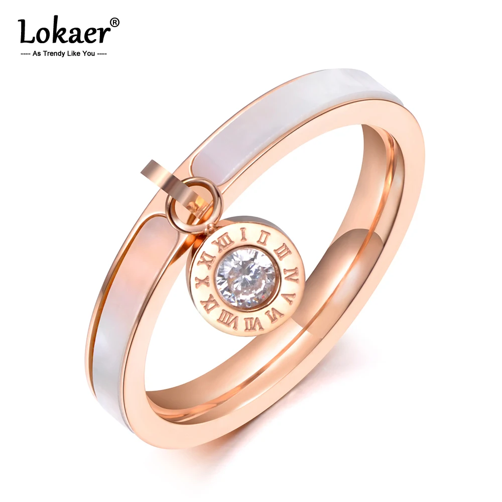 Lokaer modne pozłacane różą CZ kryształ Rhinestone stal tytanowa biała muszla obrączki dla kobiet prezenty zaręczynowe R19064