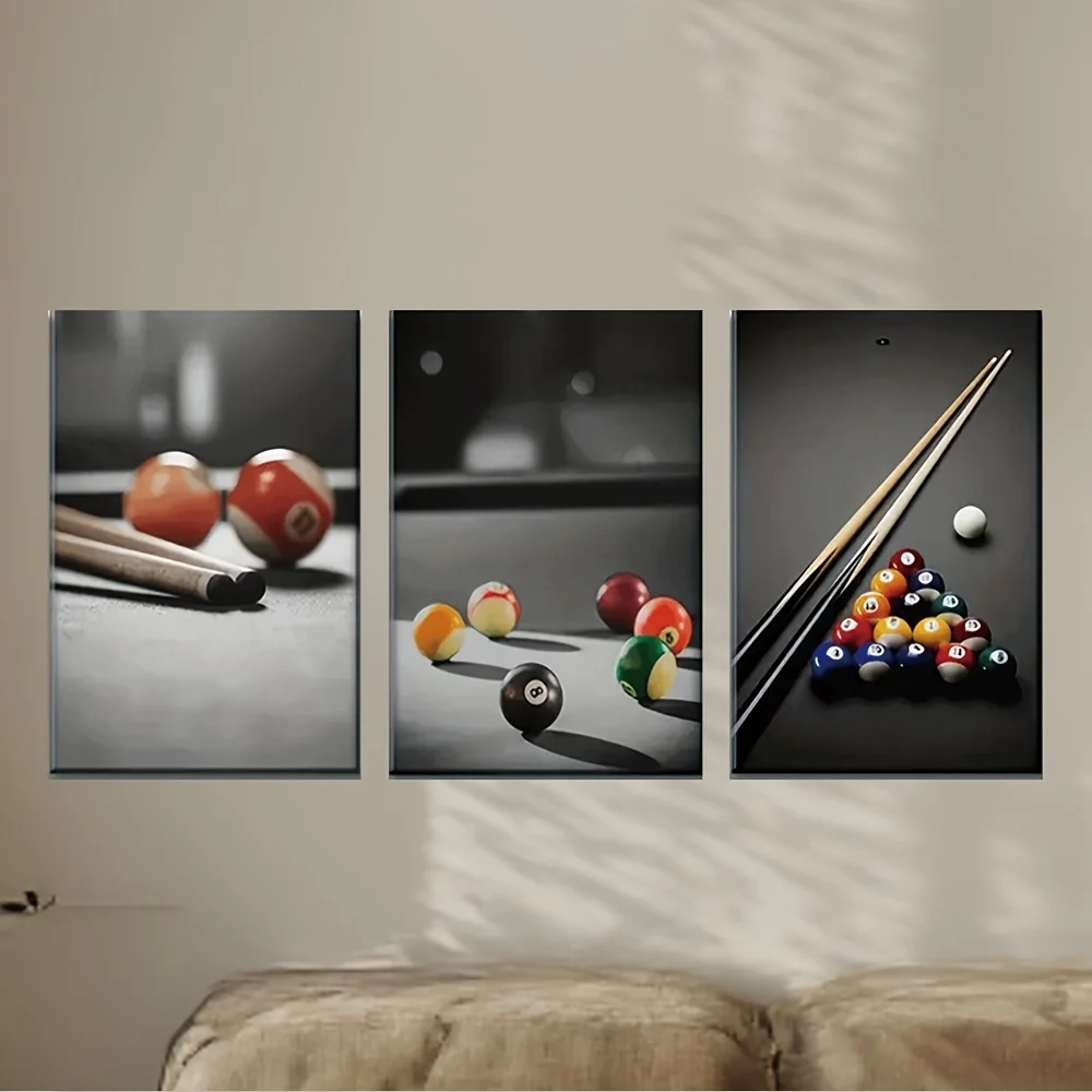 2D Flat, 3pcs Billiards Pool Ball Paintings - Unframed Suitable for Bar, Office, Living Room Decor, Minimalist Pool Table Dec