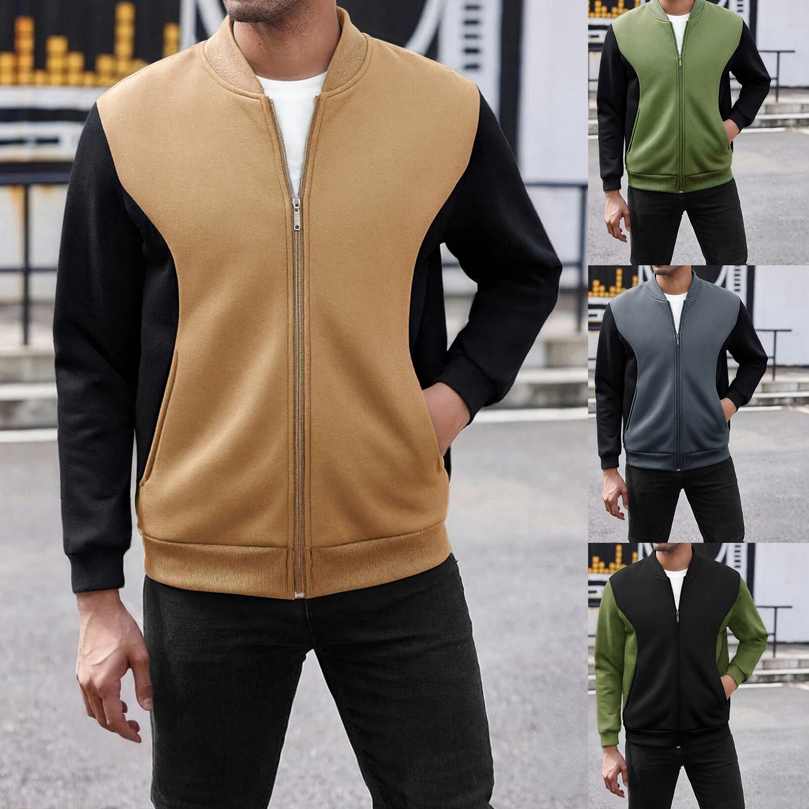 

Men Patchwork Contrast Baseball Jacket Casual Stand Collar Zip-up Long Sleeve Coat with Pockets for Winter Fall