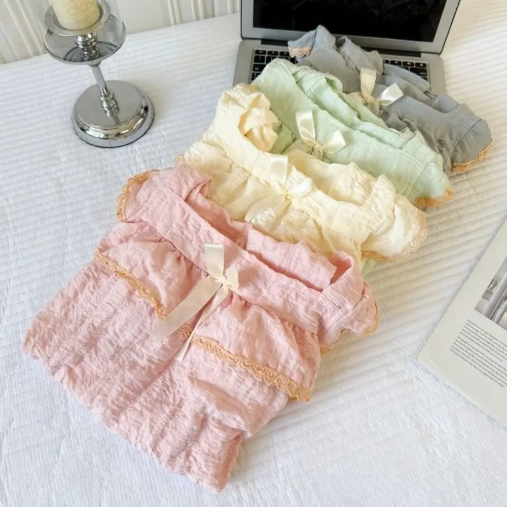 Casual Bowknot Sweet Pajamas Set Ruffle Summer Camisole Shorts Nightdress Homewear with Bra Pad Sleeveless Nightwear Sleep