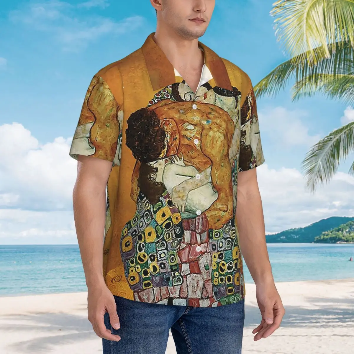 

The Kiss By Gustav Klimt Hawaiian Shirts Casual Men Short Sleeve Shirt for Summer Beach Men's Lapel Tops