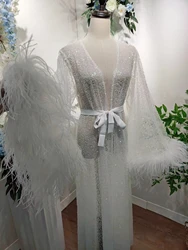 Luxury Rhinestone Feather Robe Floor Length White Bridal Robe with Sequin Max Feather Sleeve Beads Shawl Collar Bridal Wedding