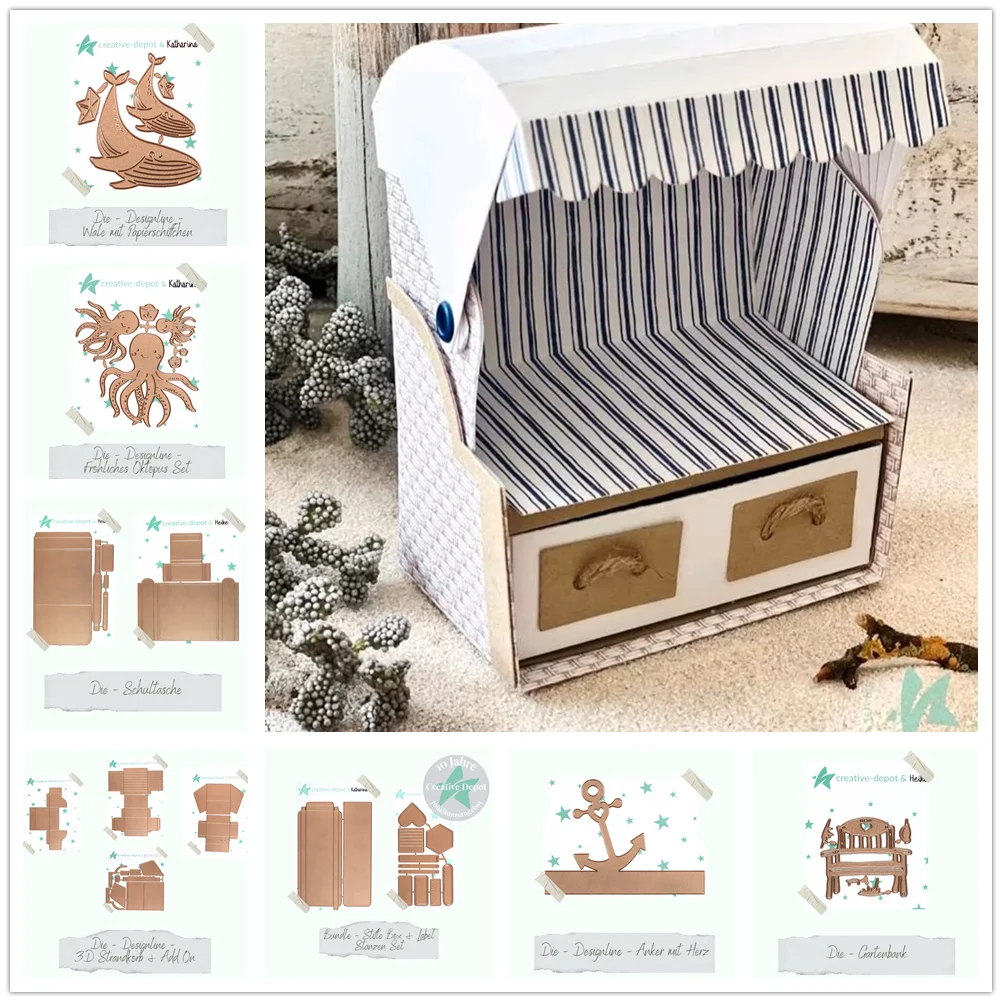 Meereslebewesen Oktopus Anker mit Herz Umschlag Stiftebox Schulmappe Grau Stanzform für Neue 2025 Scrapbooking Papierherstellung Handwerk