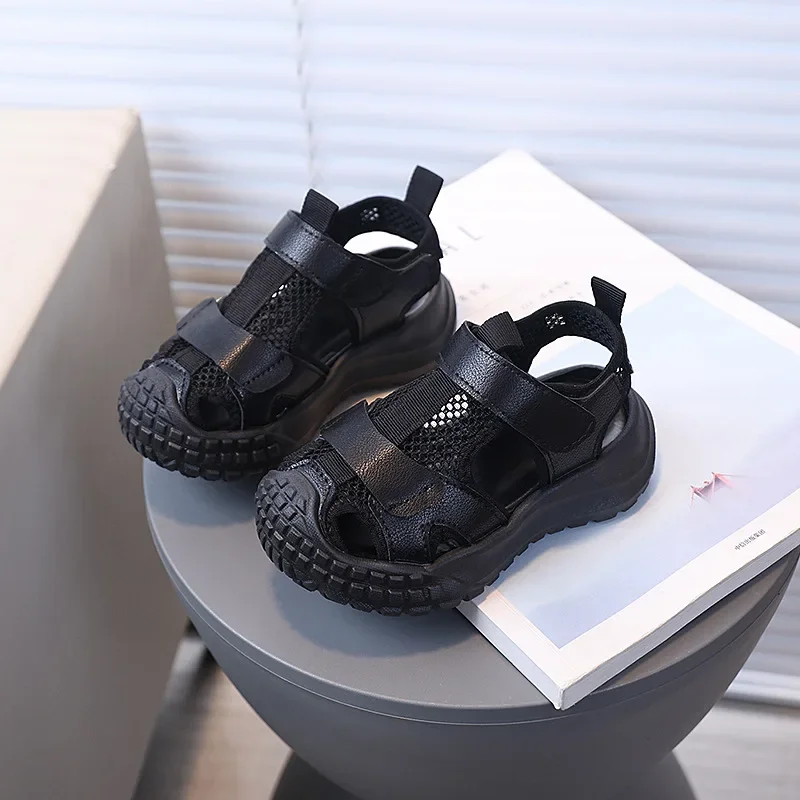 Boys Girls Sports Shoes Toes Capped Hollowed-out Kids Sandals Casual Mesh Breathable 2025 Summer Children Beach Shoes Non-slip