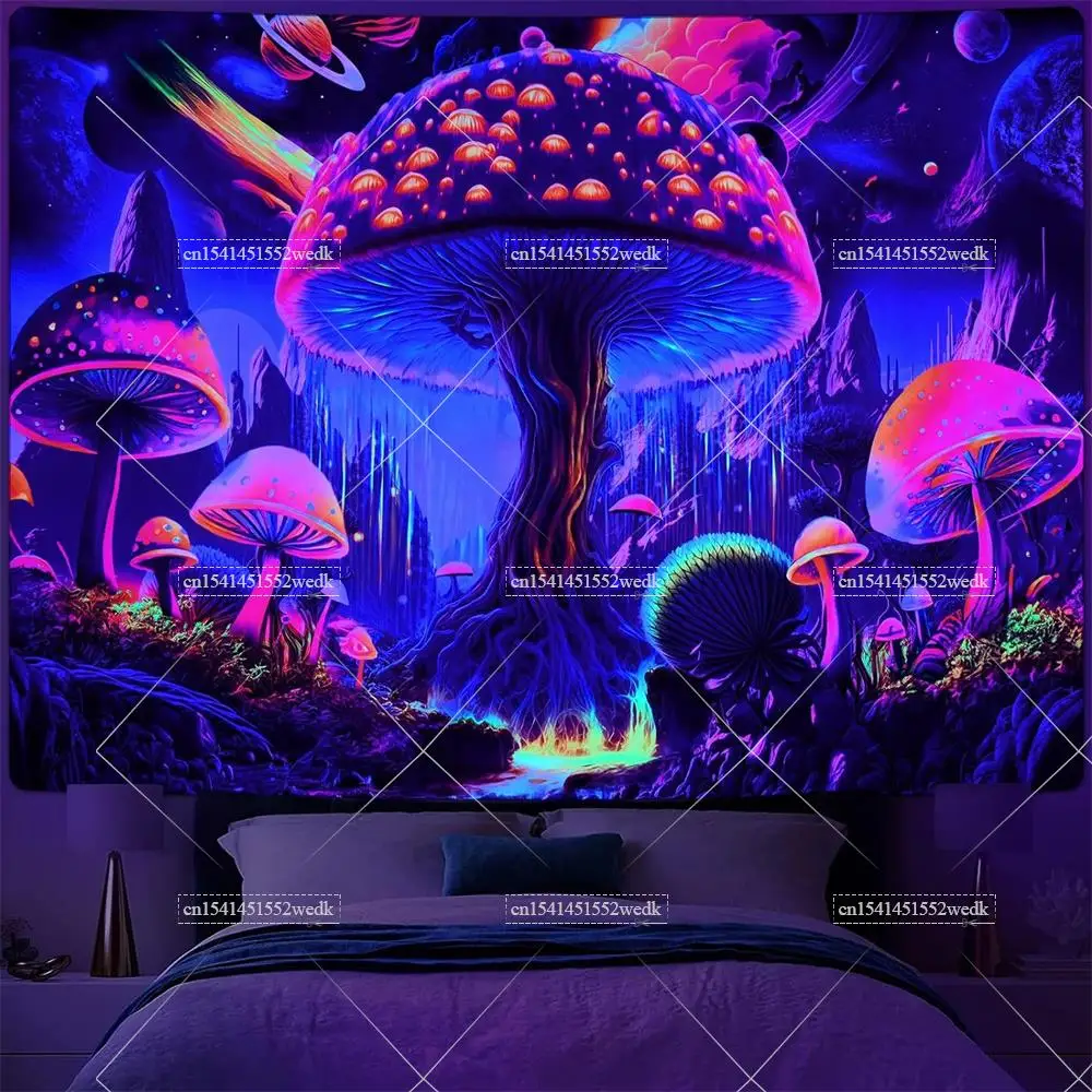 Mushroom Neon Tapestry Blacklight Hippie Tree Of Life Tapestry UV Reactive Space Mountain Black Light Tapestries For Bedroom