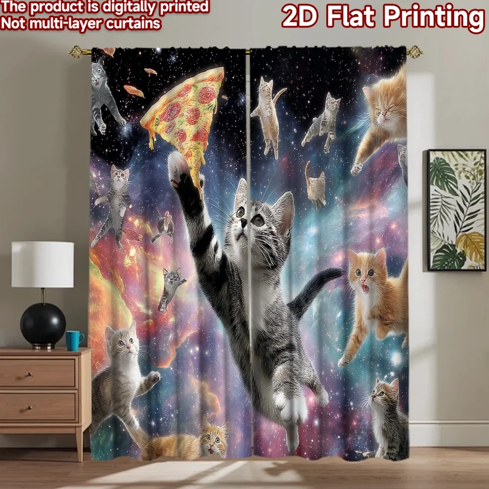 2D flat printing 2pcs Party Curtain Cosmic Cats Pizza Party Digital Printed Polyester Drapes Family Party Use for Holiday
