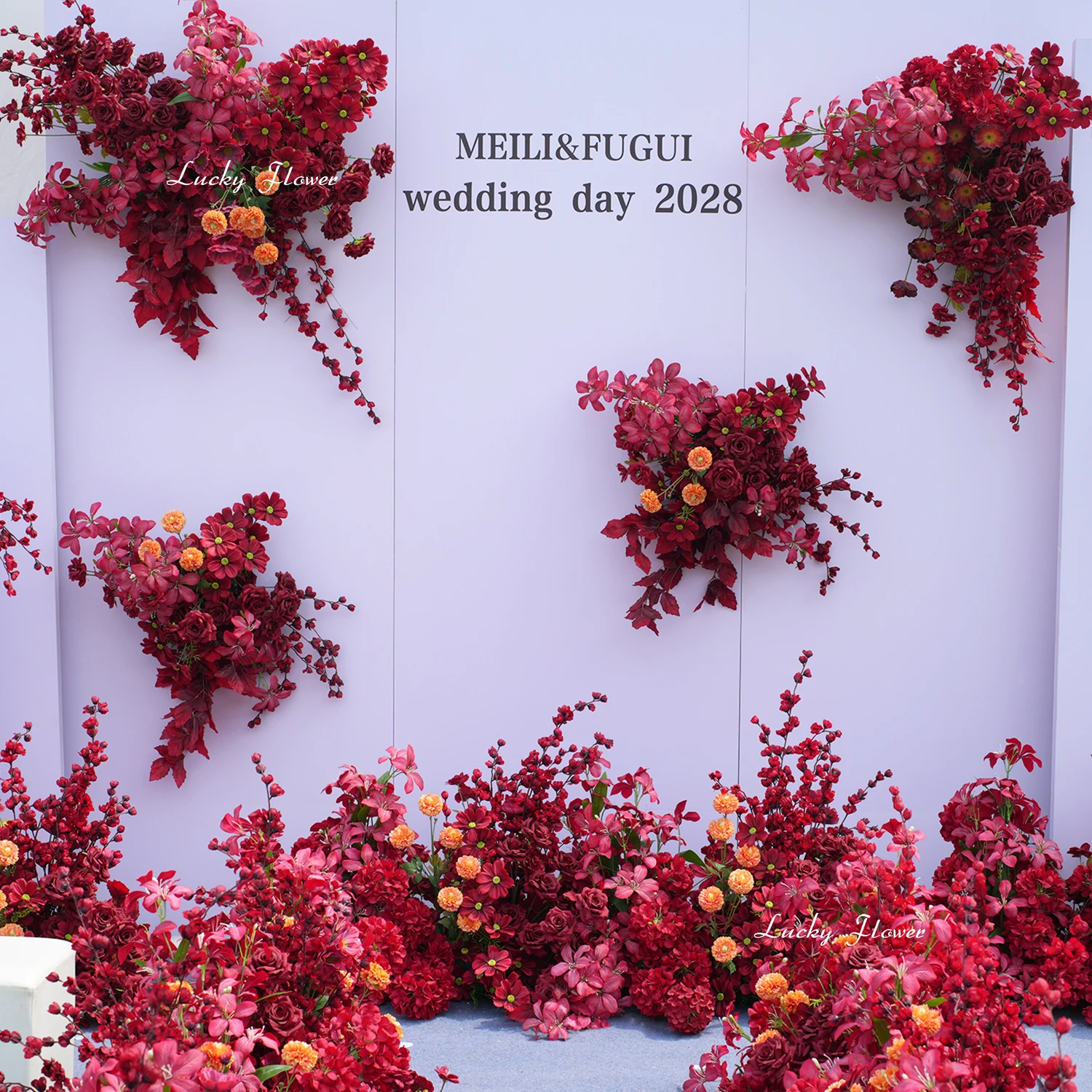 red-artificial-flowers-wedding-decoration-romantic-floral-arrangement-hang-flower-row-road-lead-floor-row-outdoor-party-props