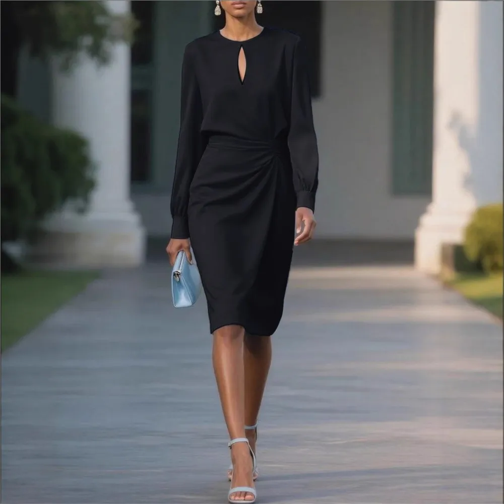 Vestido plisado con escote redondo y recortado en la cintura con temática de otoño para mujer