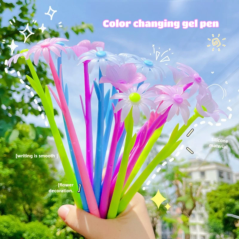 

50Pcs/Lot Kawaii Cute Flower Color Change Gel Pen 0.38mm Black Refill Writing Pens for School Stationery Office Supplies Gifts