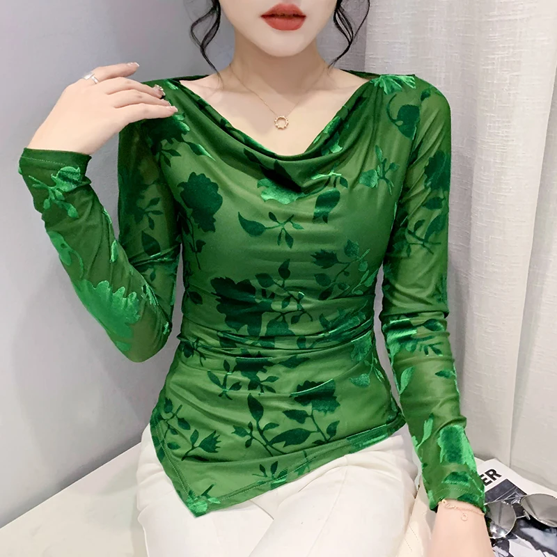 Winsleter Streetwear TShirt Long Sleeve Tight Tees Women Sexy Shawl Collar Irregular Print Slim Mesh Tops Autumn T38383JM