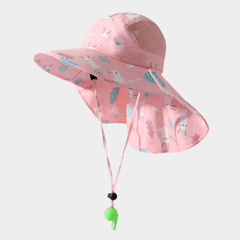 Anti UV Kids Summer Baby Sun Hat Bucket Cap With Whistle For Girls Boys Outdoor Neck Ear Cover Beach Cap