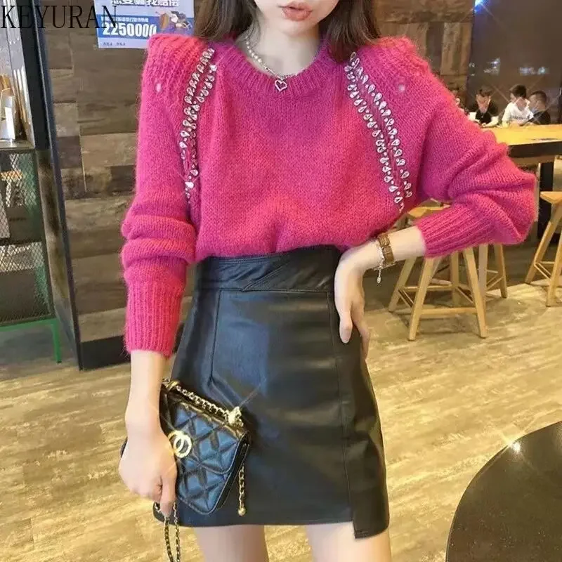 Fashion Women Shoulder Padded Rhinestone Beaded Solid Color Cropped Sweater 2024 Autumn Lady New Long Sleeve Loose Knitted Top