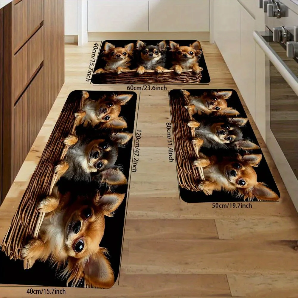 Chihuahua Puppies in Basket Doormat - Cute Dogs Non-Slip Floor Mat for Bedroom - Washable Holiday Home Decor Carpet Rug Mat