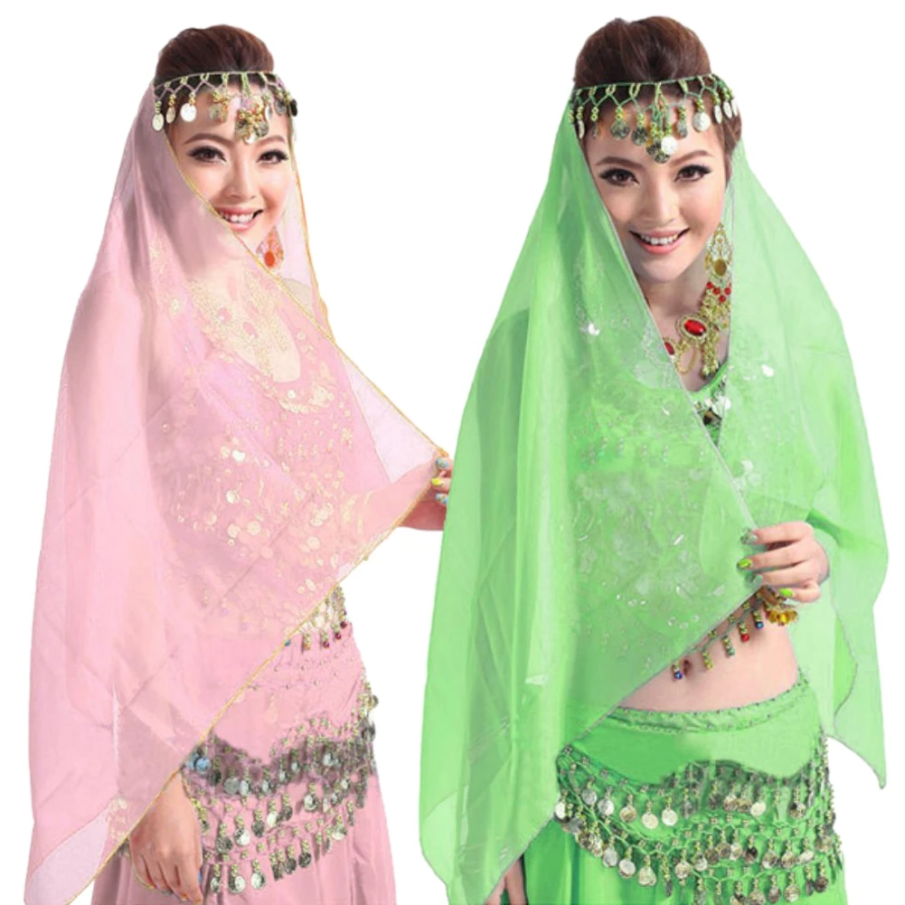 Women\'s Solid Color Chiffon Belly Dance Headwear Coin Headband Scarf Headpiece Dance Costume